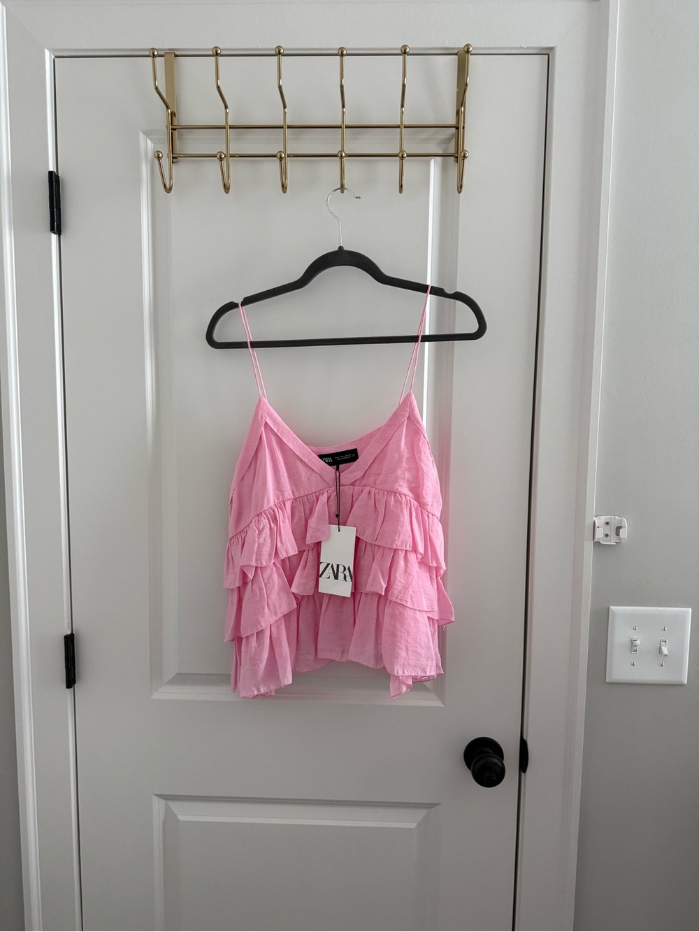 Zara Pink Ruffled Spaghetti-Strap Tank Top